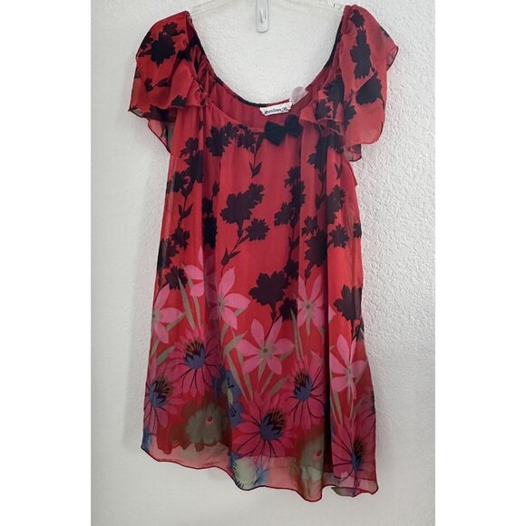 Denim 24/7 Dress Womens 32W Red Black Floral Chiffon Ruffle Sleeve Plus Size Bow - Picture 1 of 8